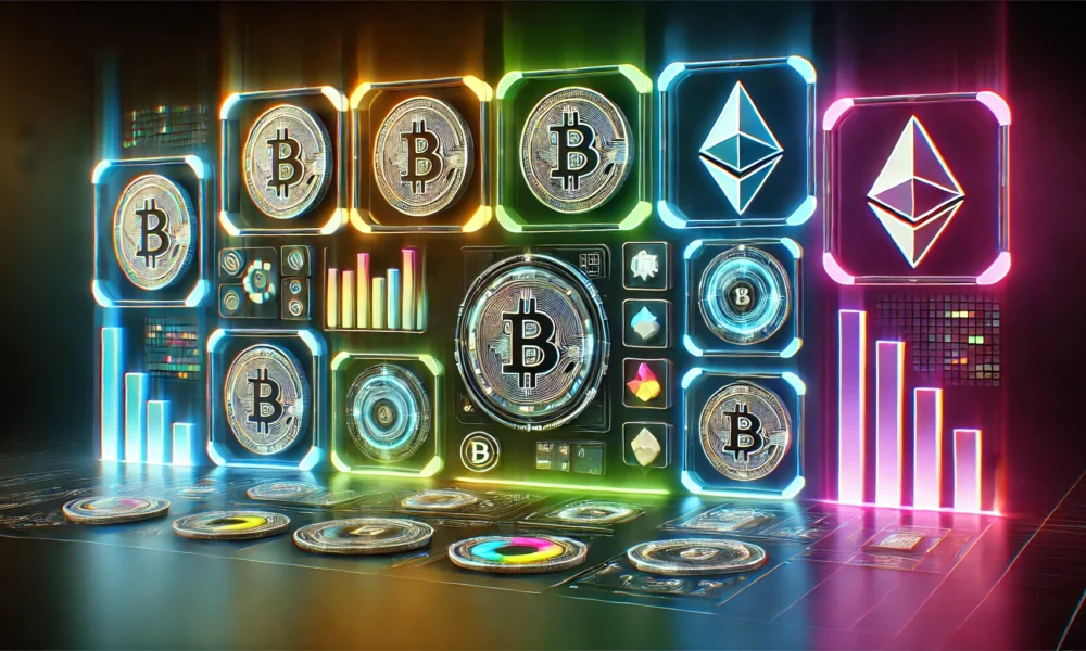 Abstract 3D render of a sleek, unified dashboard showcasing different cryptocurrency symbols