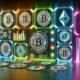 Abstract 3D render of a sleek, unified dashboard showcasing different cryptocurrency symbols