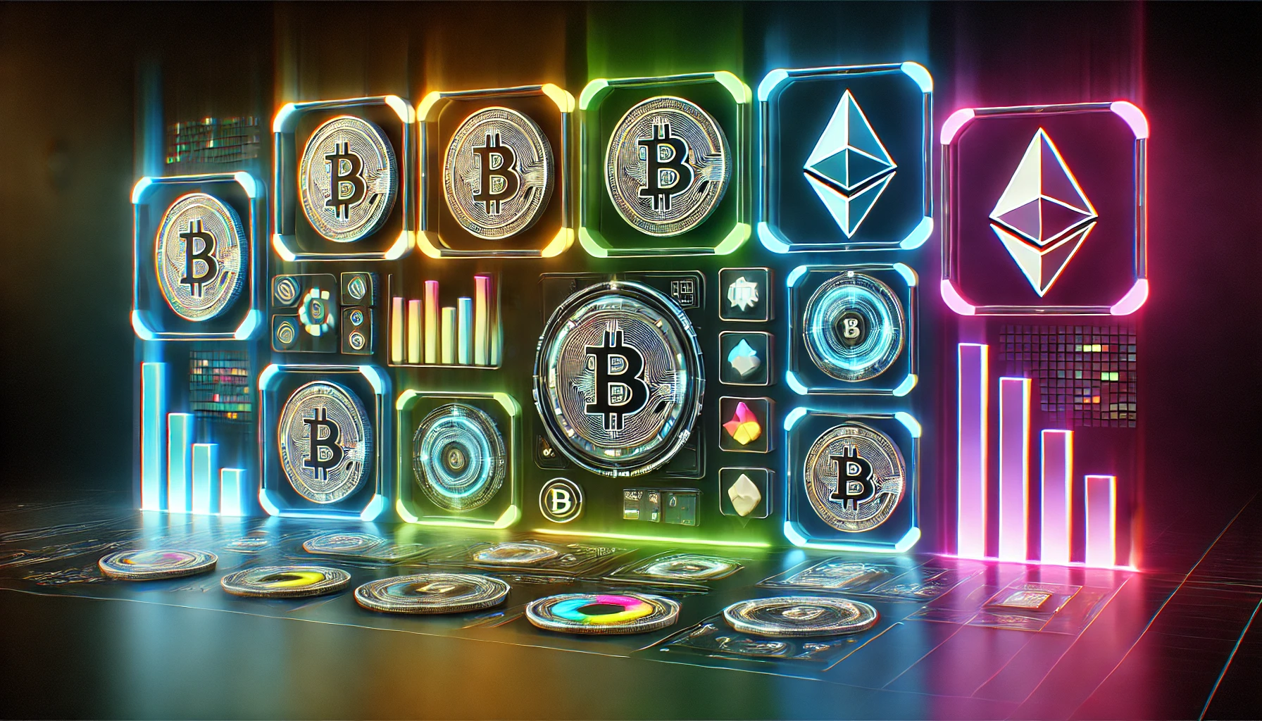 Abstract 3D render of a sleek, unified dashboard showcasing different cryptocurrency symbols