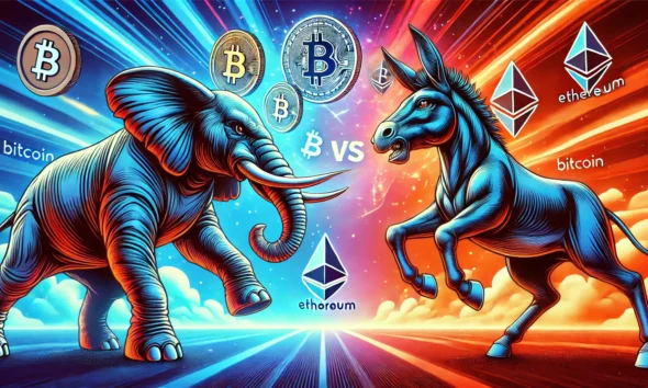 A stylized elephant and donkey facing off, with cryptocurrency symbols floating between them