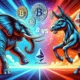 A stylized elephant and donkey facing off, with cryptocurrency symbols floating between them