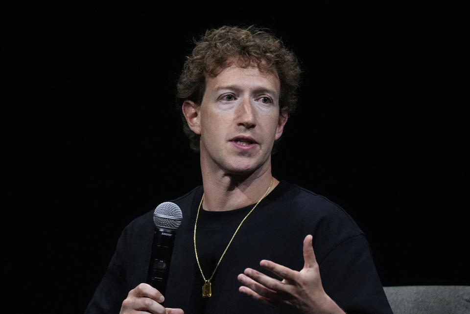 Mark Zuckerberg, CEO of Meta, makes a remark during an appearance at SIGGRAPH 2024, the premier conference on computer graphics and interactive techniques, Monday, July 29, 2024, at the Colorado Convention Center in downtown Denver. (AP Photo/David Zalubowski)