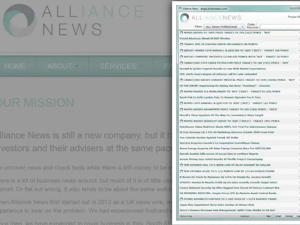 Snapshot of the Alliance News UK feed. Image: Screenshot of the Alliance News website