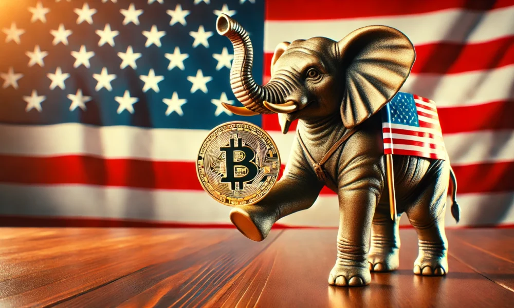 Republican elephant symbol holding a Bitcoin, American flag background