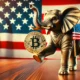 Republican elephant symbol holding a Bitcoin, American flag background