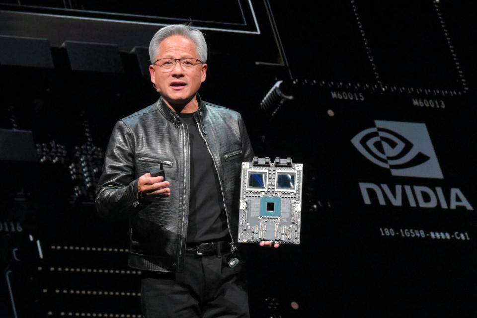 Nvidia CEO Jensen Huang delivers his keynote speech ahead of Computex 2024 in Taipei on June 2, 2024. Computex is the premier annual technology showcase in Taiwan, whose advanced semiconductor industry is crucial to the production of everything from iPhones to the servers that run ChatGPT. (Photo by Sam YEH/AFP) (Photo by SAM YEH/AFP via Getty Images)