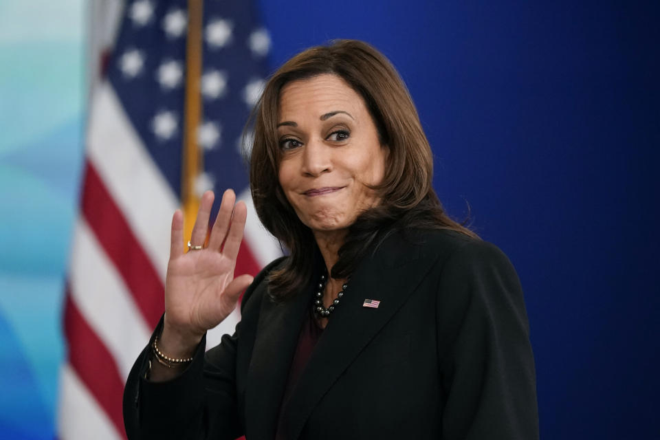 FILE - Vice President Kamala Harris waves as she leaves after speaking at the Tribal Nations Summit in the South Court Auditorium on the White House campus, Nov. 16, 2021, in Washington. Harris has been the White House's first line of defense following President Joe Biden's shaky performance in last week's debate with Donald Trump. (AP Photo/Patrick Semansky, File)