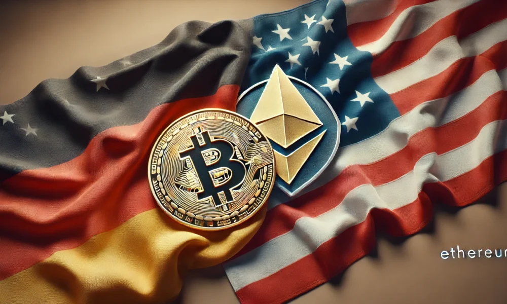 German and US flags intertwined with Bitcoin and Ethereum symbols