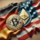 German and US flags intertwined with Bitcoin and Ethereum symbols