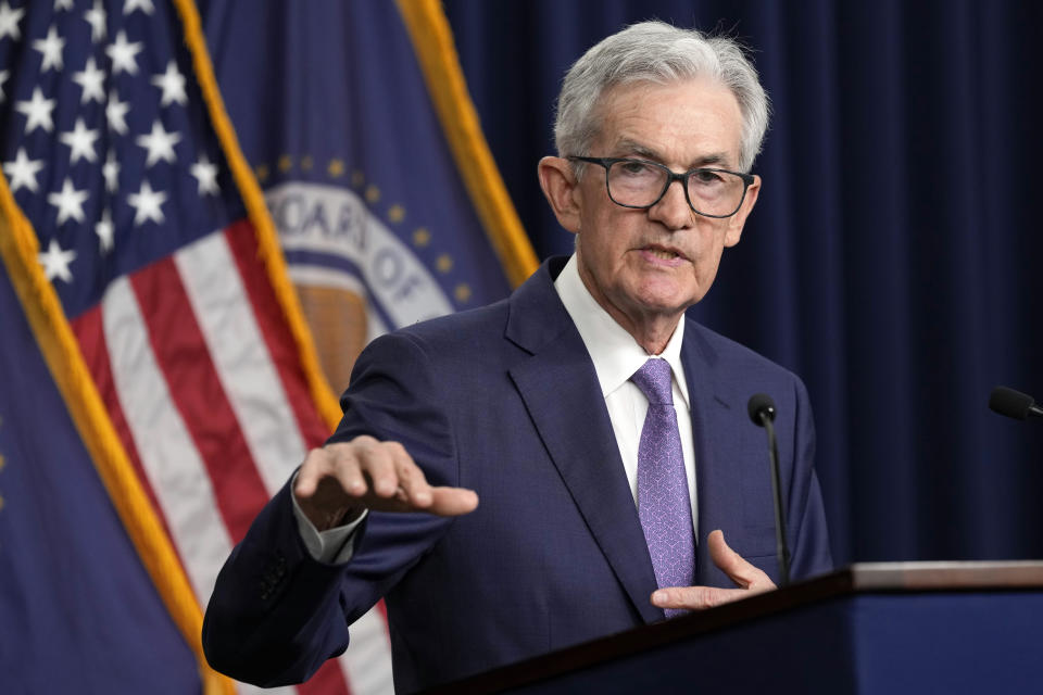 FILE - Federal Reserve Board Chairman Jerome Powell speaks during a news conference at the Federal Reserve in Washington, June 12, 2024. Powell will be in Portugal on Tuesday, July 2, 2024, to participate in a panel discussion on central bank policy with members of the European Central Bank. (AP Photo/Susan Walsh, File)