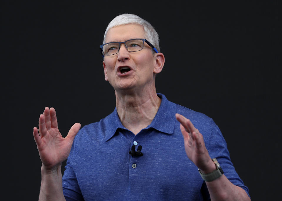 CUPERTINO, CALIFORNIA - JUNE 10: Apple CEO Tim Cook delivers remarks at the start of the Apple Worldwide Developers Conference (WWDC) on June 10, 2024 in Cupertino, California. Apple will announce plans to incorporate artificial intelligence (AI) into Apple software and hardware. (Photo by Justin Sullivan/Getty Images)